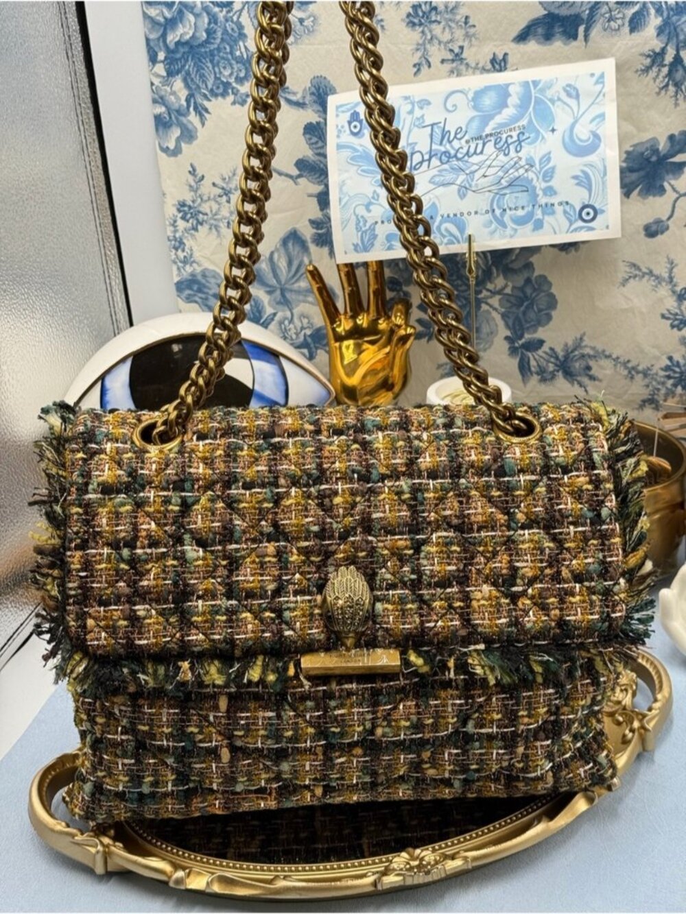 🆕 KURT GEIGER LONDON 🧿 NWOT Large Kensington X Tweed Shoulder Bag, Black Brown